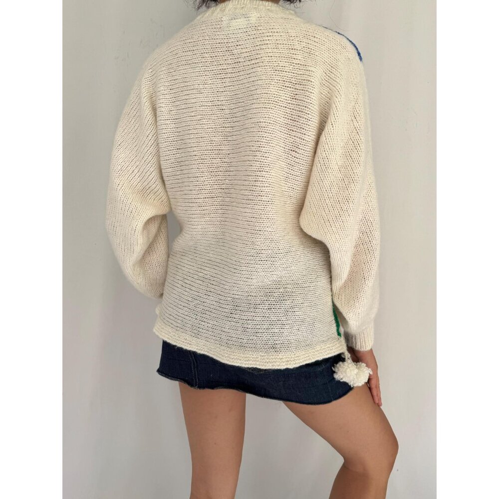80s vintage colorful sparkly floral abstract print knit sweater with pom poms - Picture 6 of 10